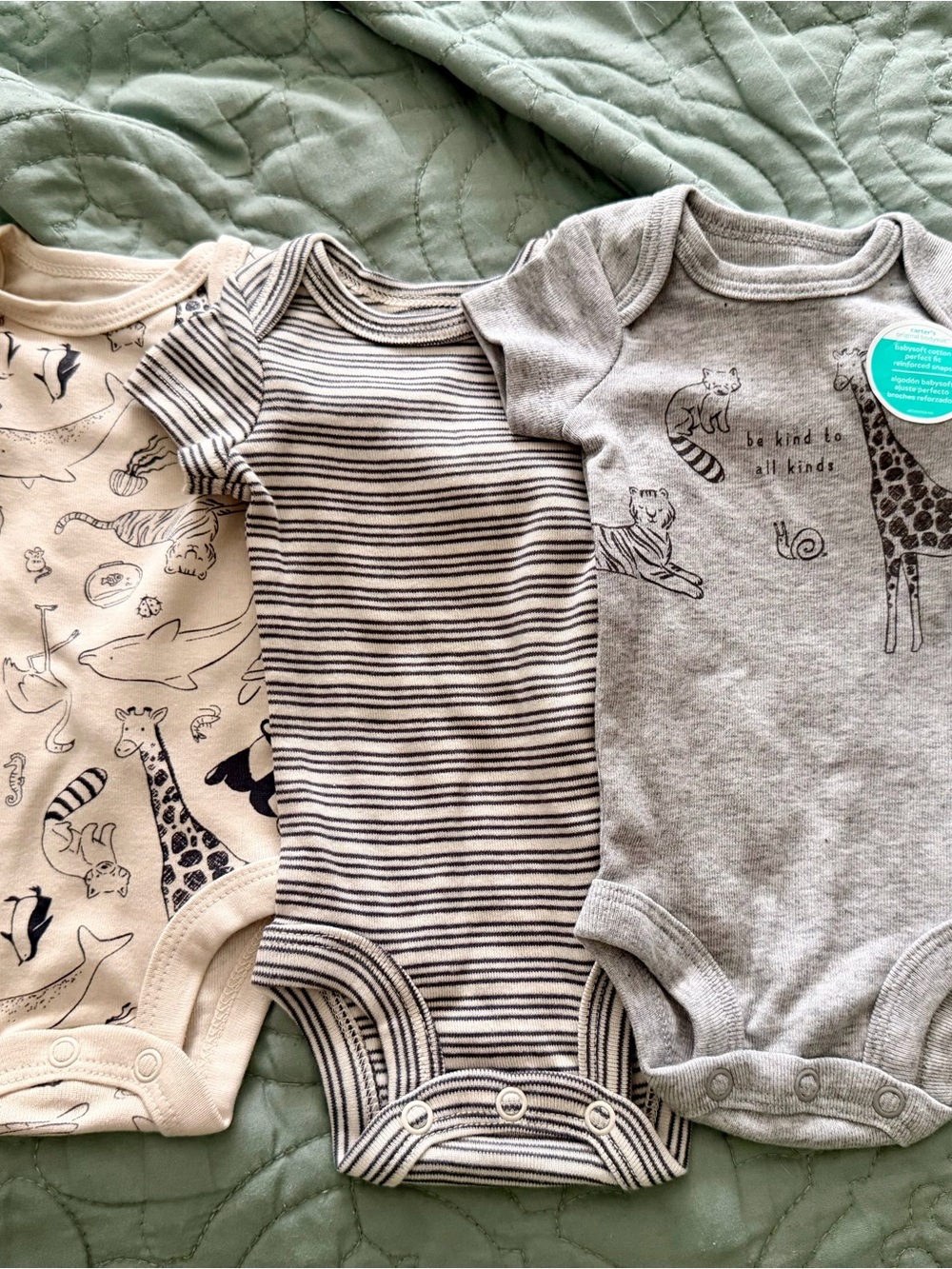 Carter's Neutral Animal & Stripe Bodysuit Set - Cream, Gray, Black